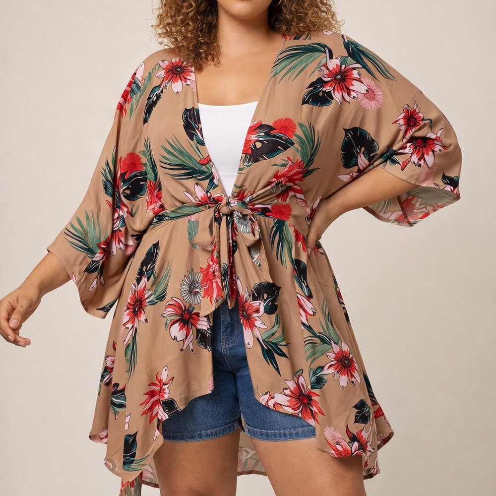 SUZANNE BETRO Tie Front 3/4 Sleeve Asymmetrical Kimono Tropical Tan, Multi 1X